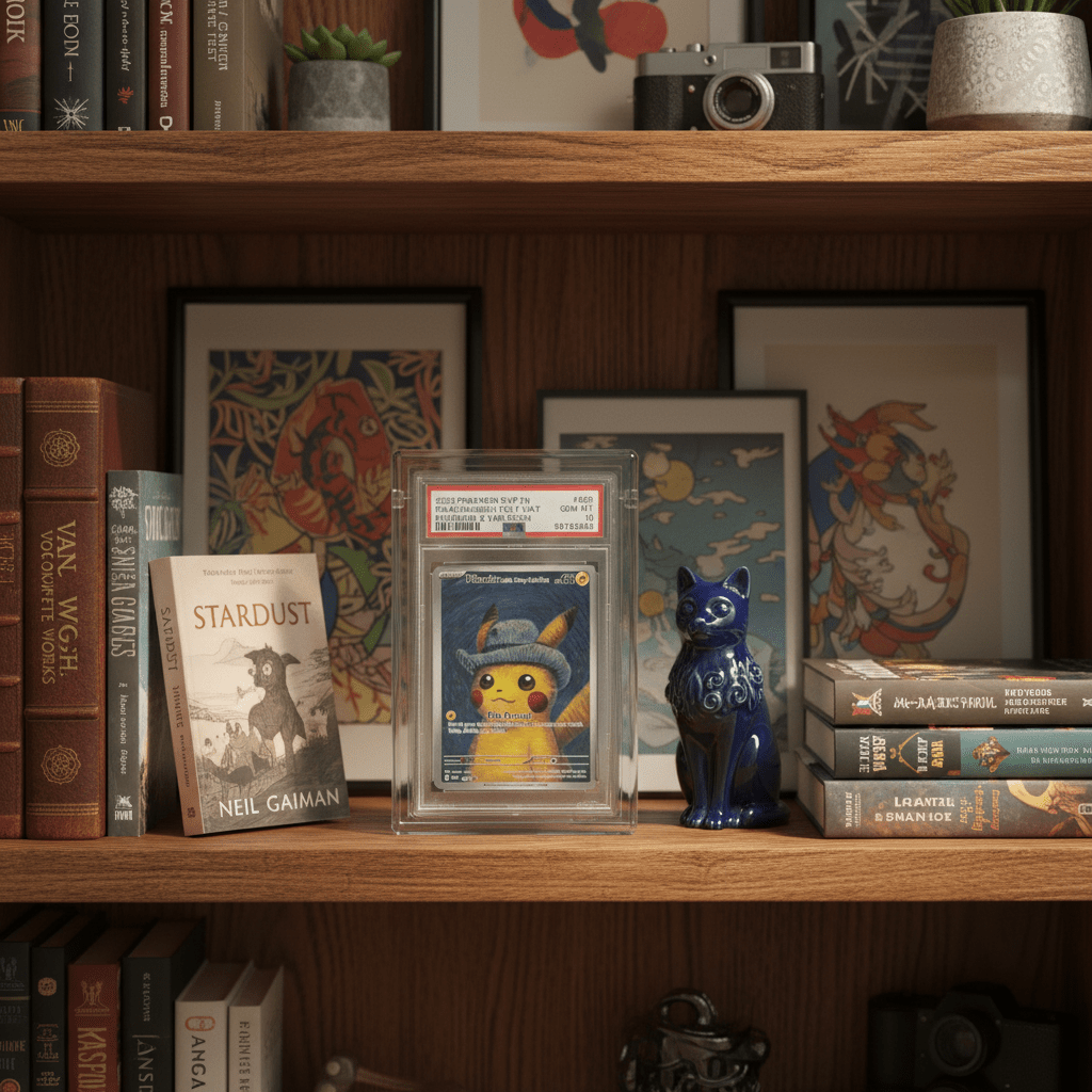 Wooden shelf with books, a framed picture, and a blue cat figurine.
